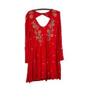 Free People Sweet Tennessee Embroidered Red Mini Dress Long Sleeve Size Medium